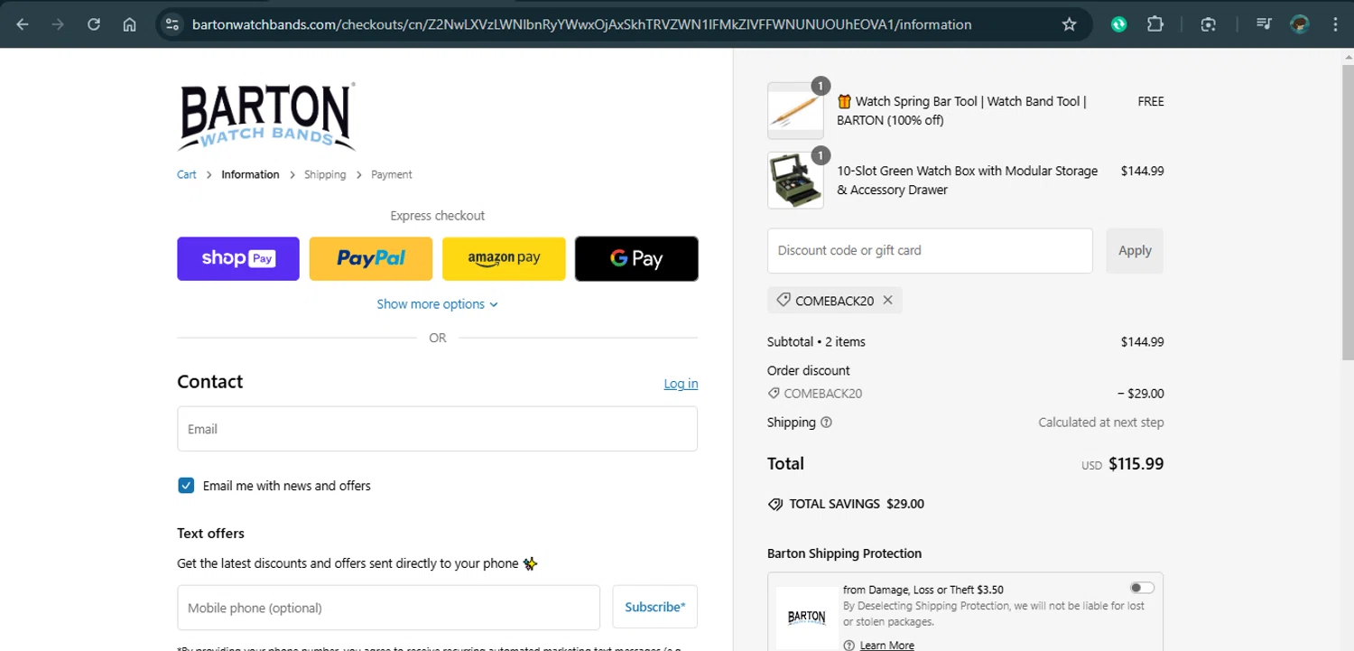 Barton Watch Bands discount code screenshot showing code COMEBACK20 applied at Barton Watch Bands checkout page. Uploaded by SimplyCodes community member xAngel on Jan 17, 2025