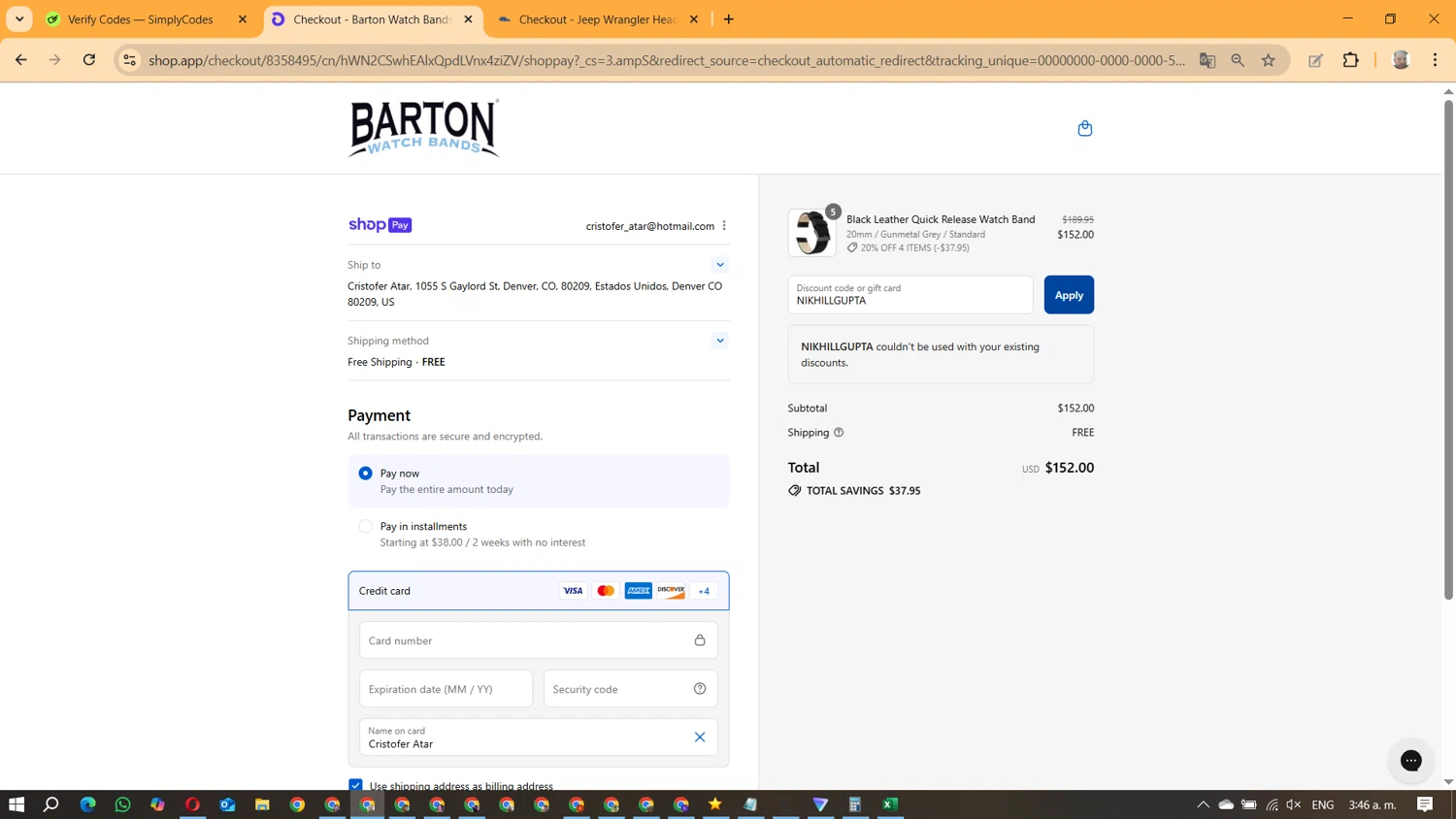 Barton Watch Bands discount code screenshot showing code NIKHILLGUPTA applied at Barton Watch Bands checkout page. Uploaded by SimplyCodes community member ManuelF on Aug 25, 2025