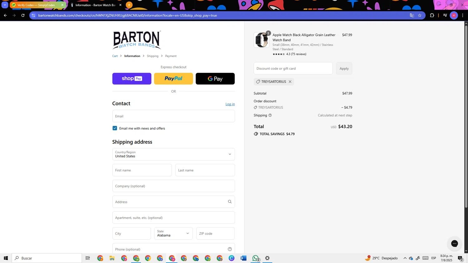 Barton Watch Bands discount code screenshot showing code TREYSARTORIUS applied at Barton Watch Bands checkout page. Uploaded by SimplyCodes community member TokenSleuth5758 on Aug 8, 2025