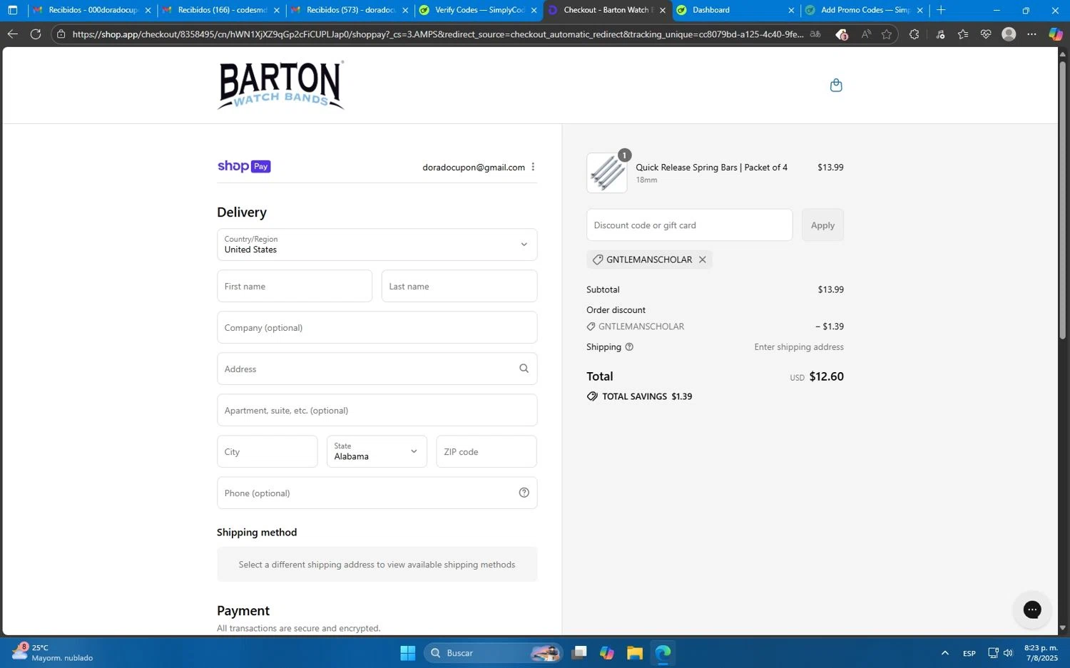 Barton Watch Bands discount code screenshot showing code GNTLEMANSCHOLAR applied at Barton Watch Bands checkout page. Uploaded by SimplyCodes community member Mdeoca on Aug 8, 2025