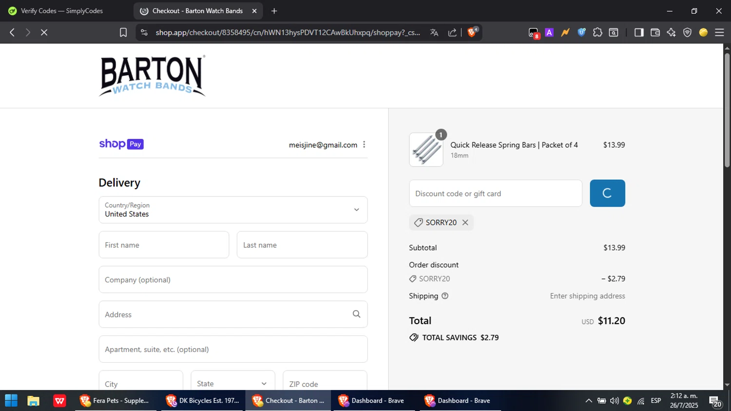 Barton Watch Bands discount code screenshot showing code sorry20 applied at Barton Watch Bands checkout page. Uploaded by SimplyCodes community member PromoScout8746 on Jul 26, 2025