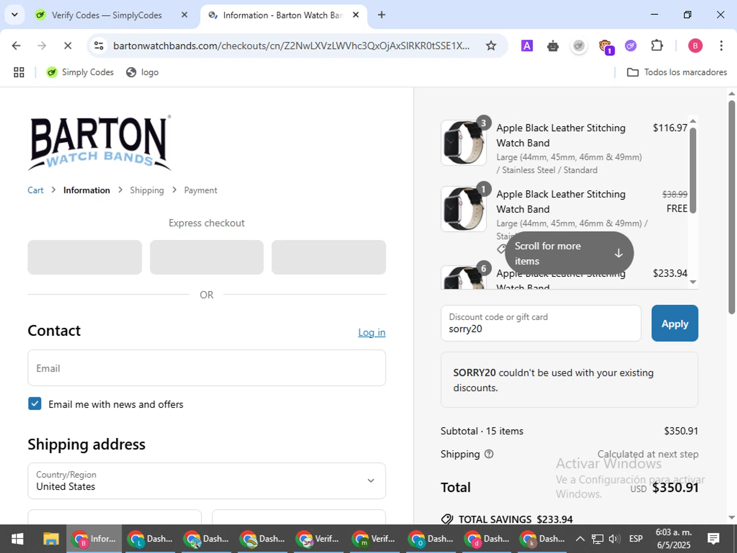 Barton Watch Bands discount code screenshot showing code sorry20 applied at Barton Watch Bands checkout page. Uploaded by SimplyCodes community member bombontropical on May 6, 2025