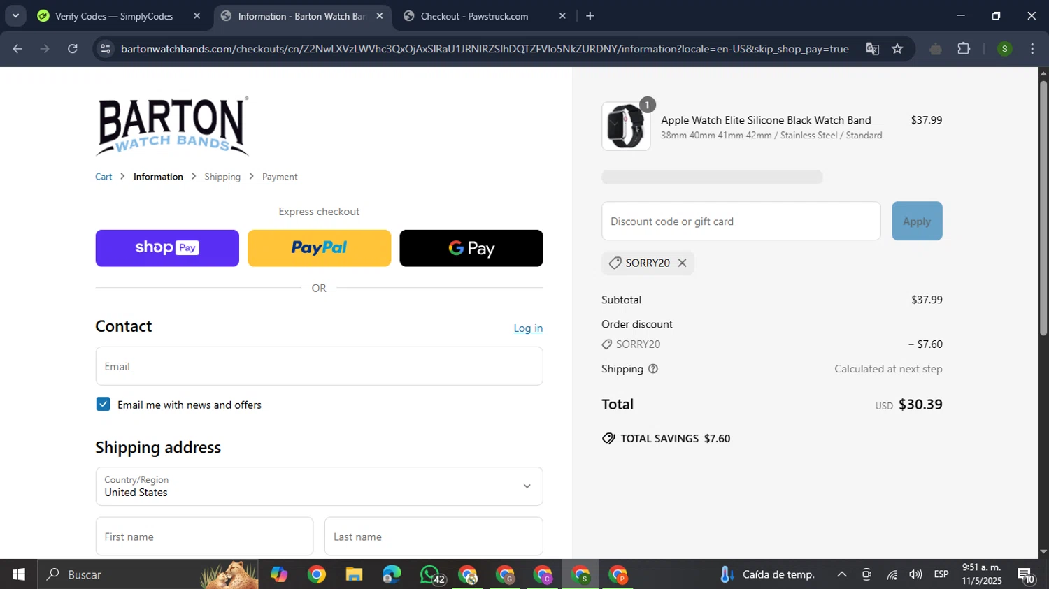 Barton Watch Bands discount code screenshot showing code sorry20 applied at Barton Watch Bands checkout page. Uploaded by SimplyCodes community member RewardMaverick445 on May 11, 2025