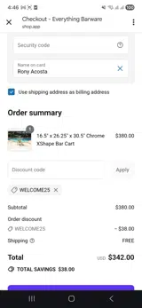 Welcome25 coupon verification screenshot