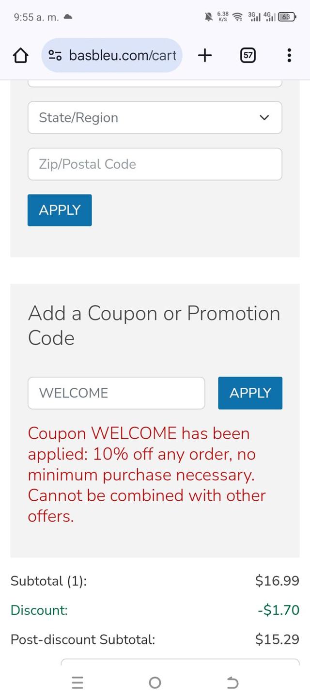Bas Bleu checkout page showing Bas Bleu promo code box | Screenshot taken by SimplyCodes community member on Oct 8, 2024