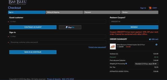 Bas Bleu checkout page showing Bas Bleu promo code box | Screenshot taken by SimplyCodes community member on Oct 3, 2024