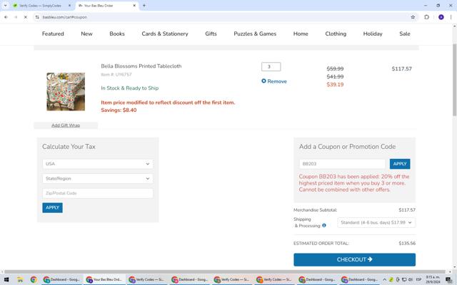 Bas Bleu checkout page showing Bas Bleu promo code box | Screenshot taken by SimplyCodes community member on Sep 29, 2024
