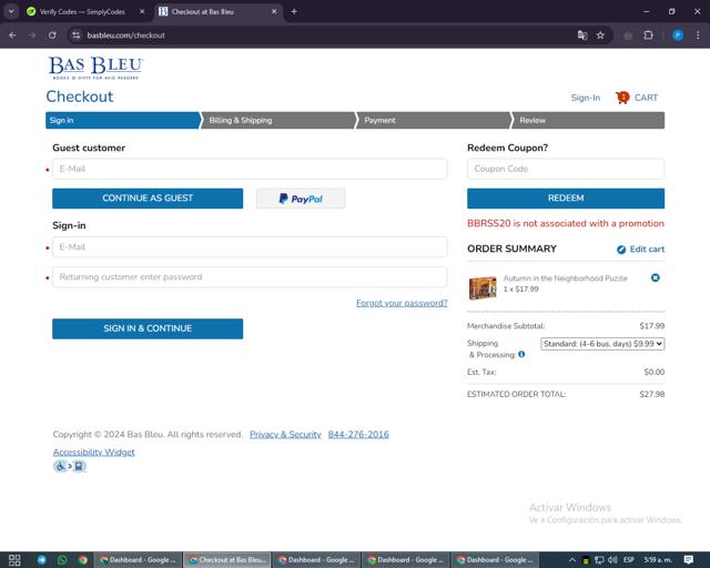 Bas Bleu checkout page showing Bas Bleu promo code box | Screenshot taken by SimplyCodes community member on Sep 11, 2024