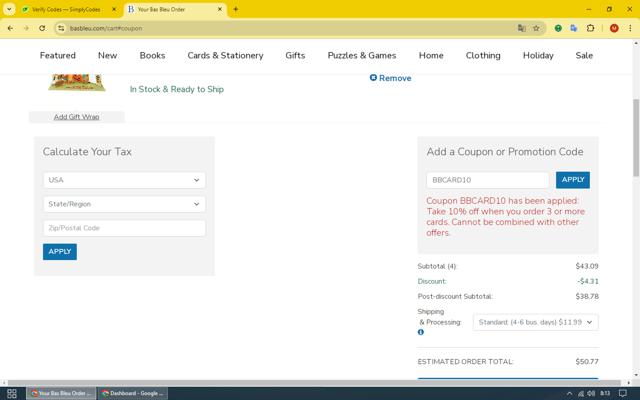 Bas Bleu checkout page showing Bas Bleu promo code box | Screenshot taken by SimplyCodes community member on Sep 17, 2024