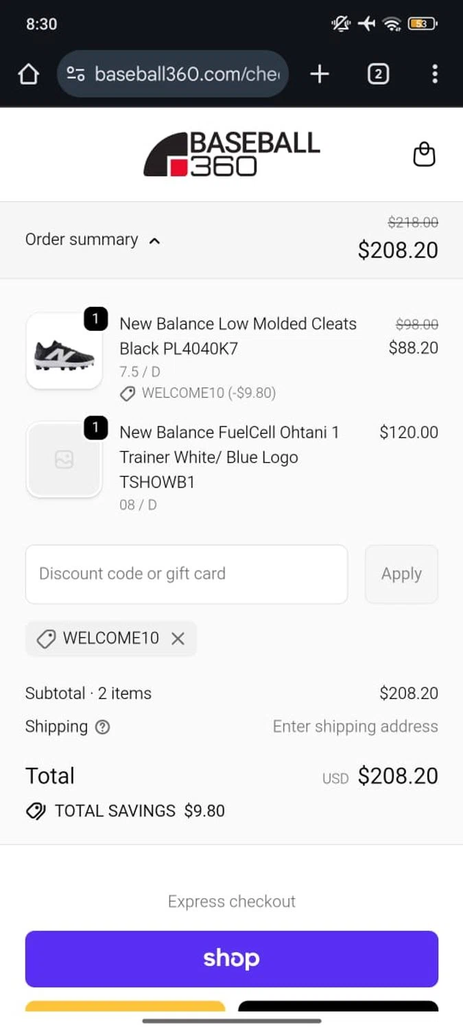 Baseball 360 promo code screenshot showing code WELCOME10 applied at Baseball 360 checkout page. Uploaded by SimplyCodes community member RoyalSpotter5217 on Dec 29, 2025