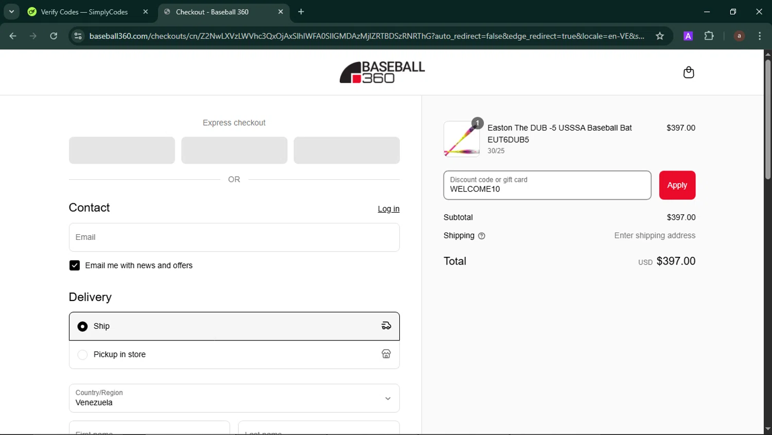 Baseball 360 promo code screenshot showing code WELCOME10 applied at Baseball 360 checkout page. Uploaded by SimplyCodes community member b3stia_1 on Jun 12, 2025