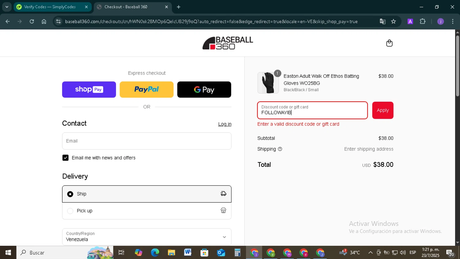 Baseball 360 promo code screenshot showing code FOLLOWAYIB applied at Baseball 360 checkout page. Uploaded by SimplyCodes community member TAZ2024 on Jul 23, 2025