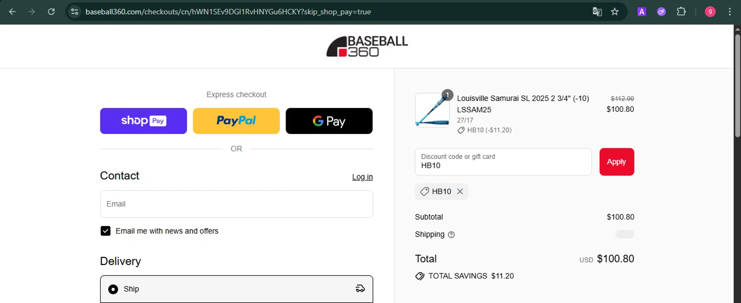 Baseball 360 promo code screenshot showing code HB10 applied at Baseball 360 checkout page. Uploaded by SimplyCodes community member MoneyFalcon481 on Aug 5, 2025