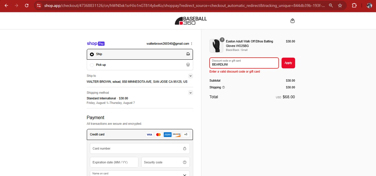 Baseball 360 promo code screenshot showing code BEARDLINI applied at Baseball 360 checkout page. Uploaded by SimplyCodes community member kimberlinmartinez on Jul 23, 2025