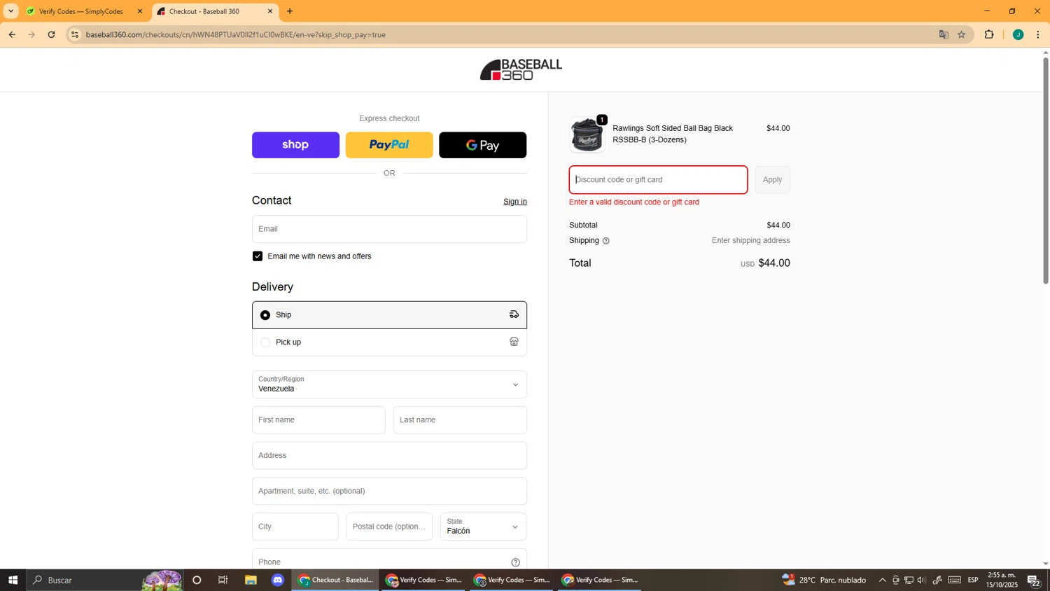 Baseball 360 promo code screenshot showing code 10YEARS applied at Baseball 360 checkout page. Uploaded by SimplyCodes community member DealScout5970 on Oct 15, 2025