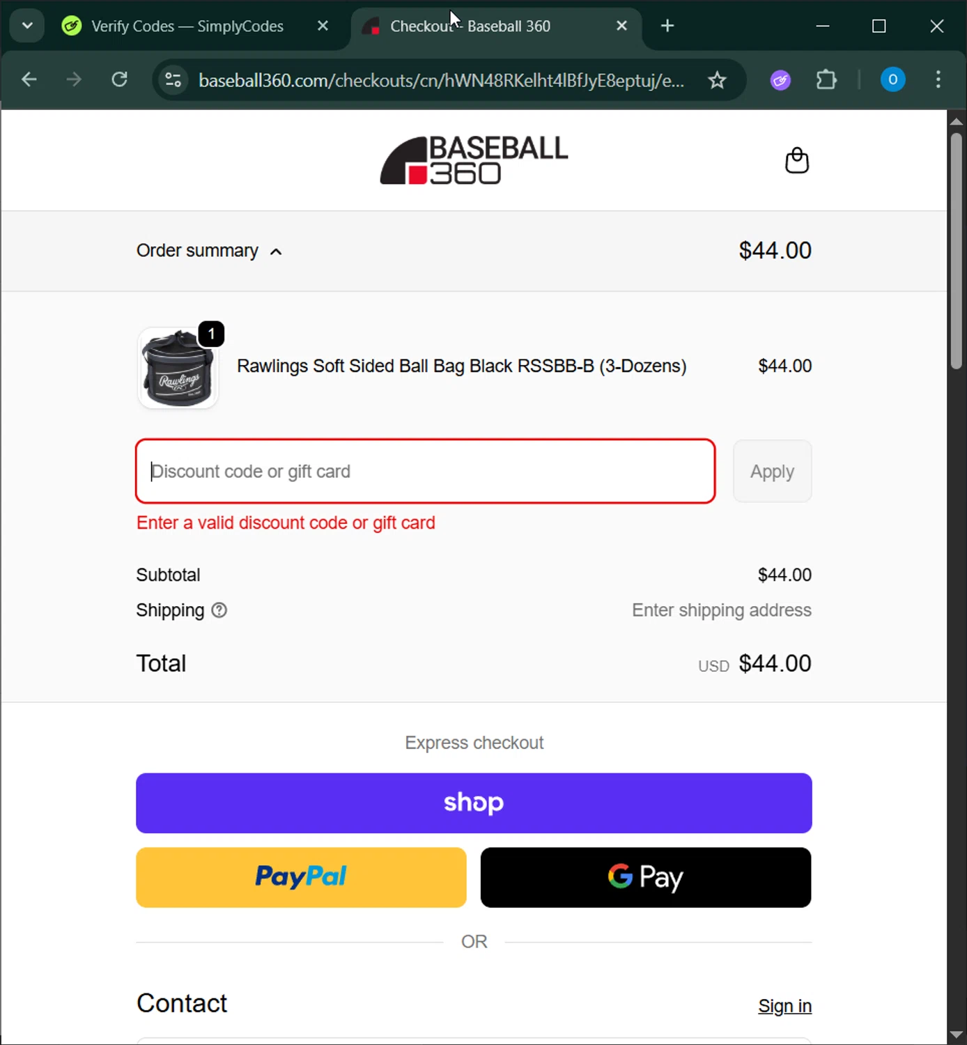 Baseball 360 promo code screenshot showing code 10YEARS applied at Baseball 360 checkout page. Uploaded by SimplyCodes community member RoyalSage9159 on Oct 15, 2025