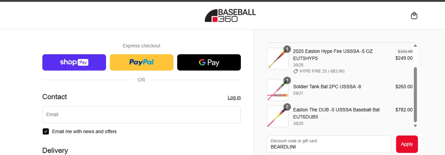 Baseball 360 promo code screenshot showing code BEARDLINI applied at Baseball 360 checkout page. Uploaded by SimplyCodes community member ashe1986 on May 22, 2025