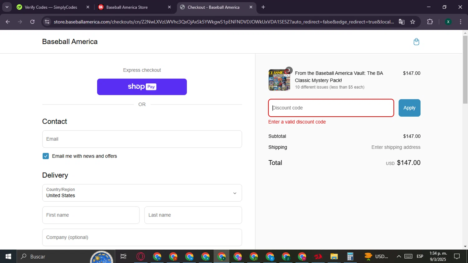 Baseball America promo code screenshot showing code BA30 applied at Baseball America checkout page. Uploaded by SimplyCodes community member CouponBoss6932 on Mar 9, 2025
