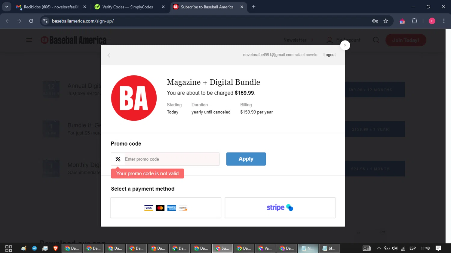Baseball America promo code screenshot showing code BA30 applied at Baseball America checkout page. Uploaded by SimplyCodes community member WisePro3739 on Jan 30, 2025