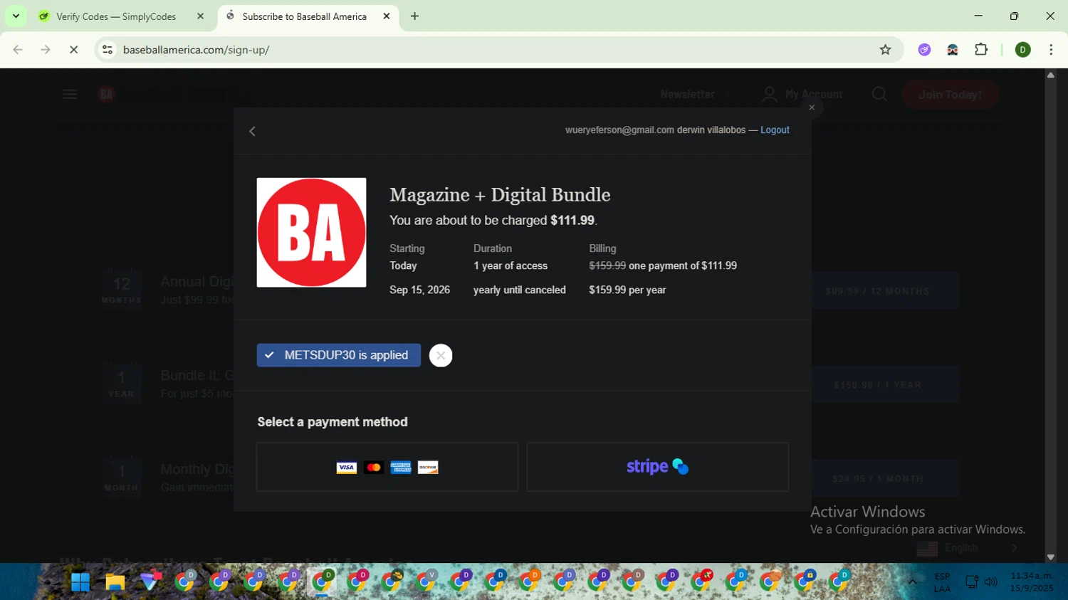 Baseball America checkout page showing Baseball America promo code box | Screenshot taken by SimplyCodes community member on Sep 15, 2025