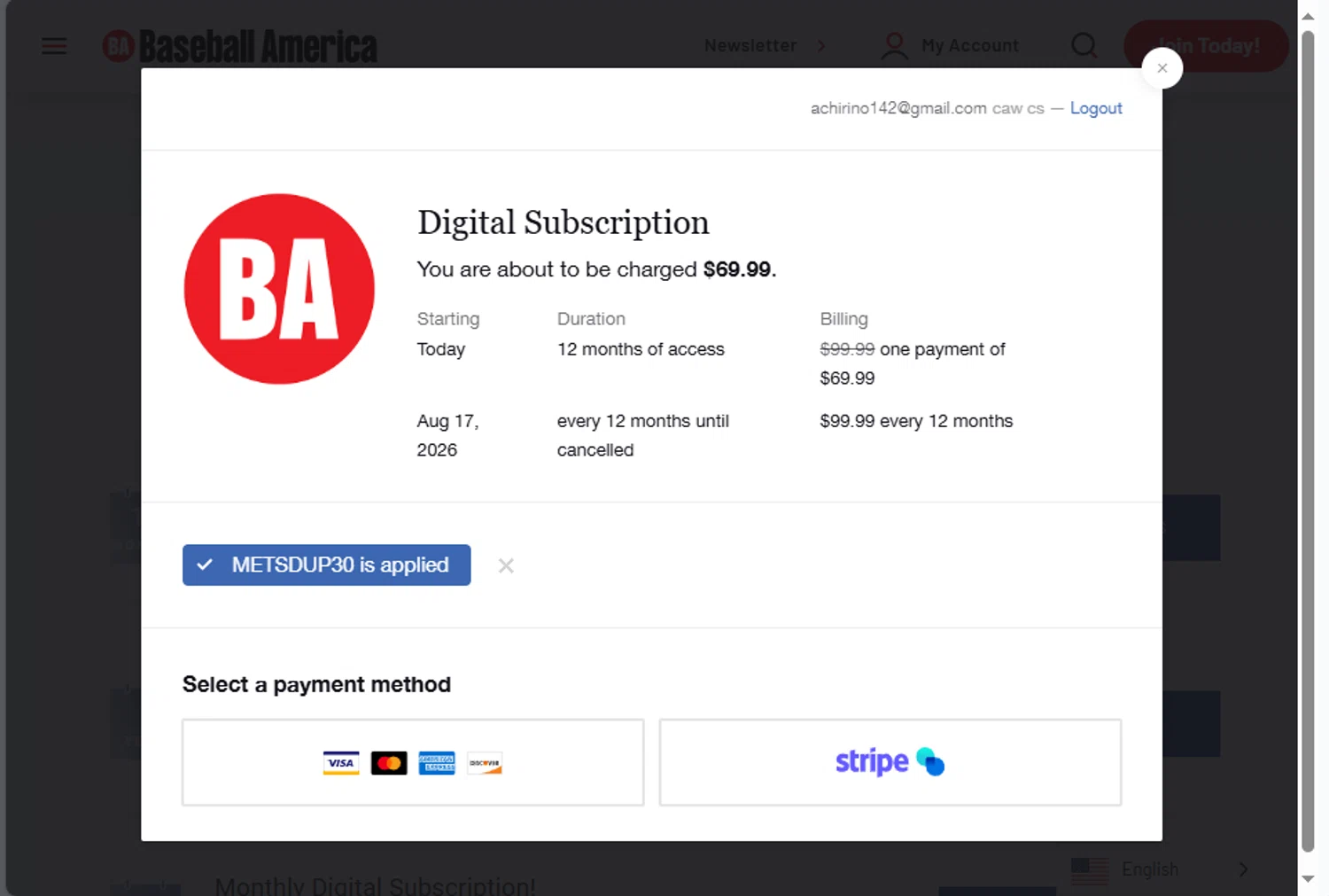 Baseball America checkout page showing Baseball America promo code box | Screenshot taken by SimplyCodes community member on Aug 17, 2025