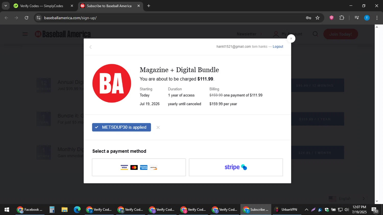 Baseball America checkout page showing Baseball America promo code box | Screenshot taken by SimplyCodes community member on Jul 19, 2025