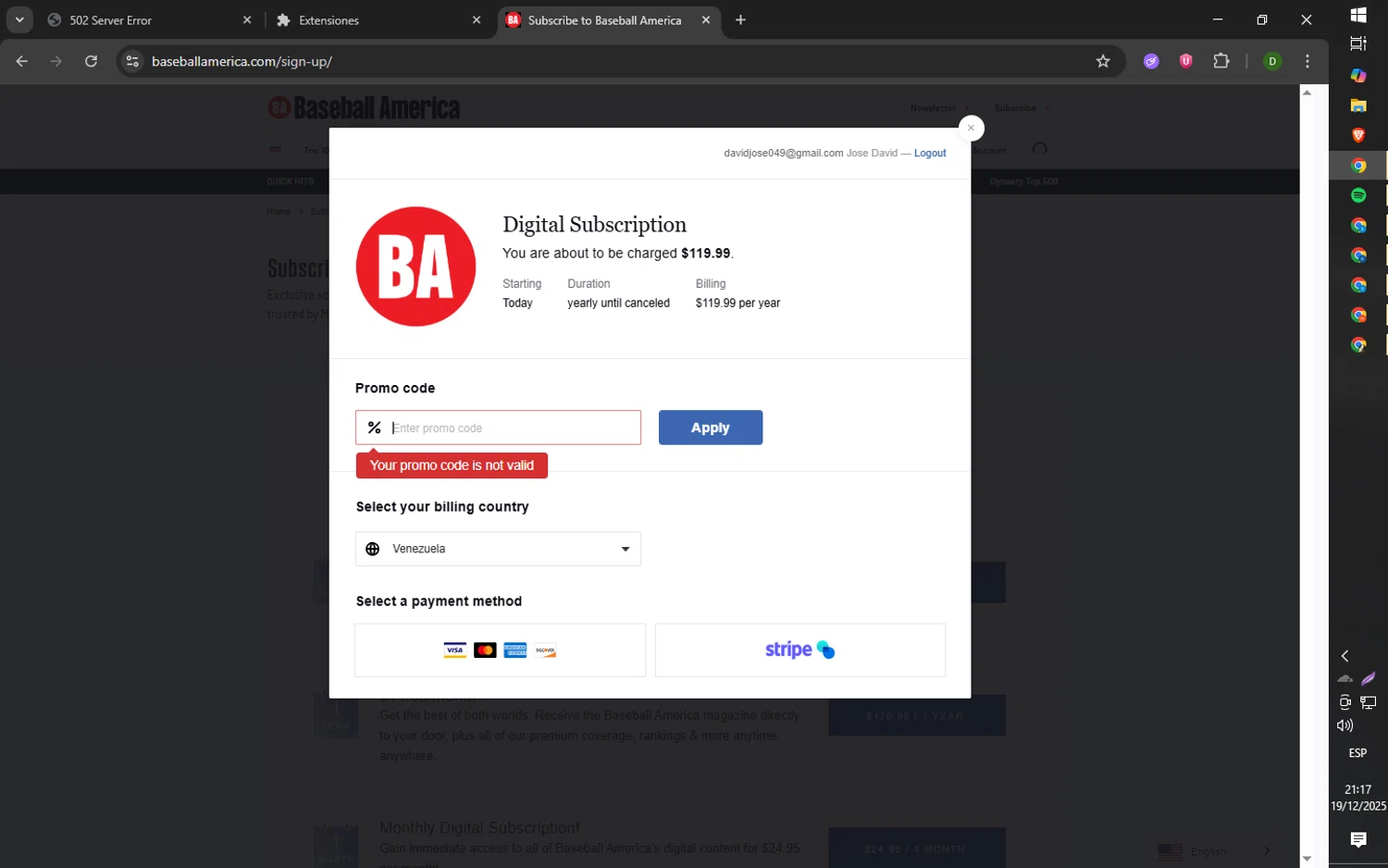 Baseball America promo code screenshot showing code BA40 applied at Baseball America checkout page. Uploaded by SimplyCodes community member 61451681 on Dec 20, 2025