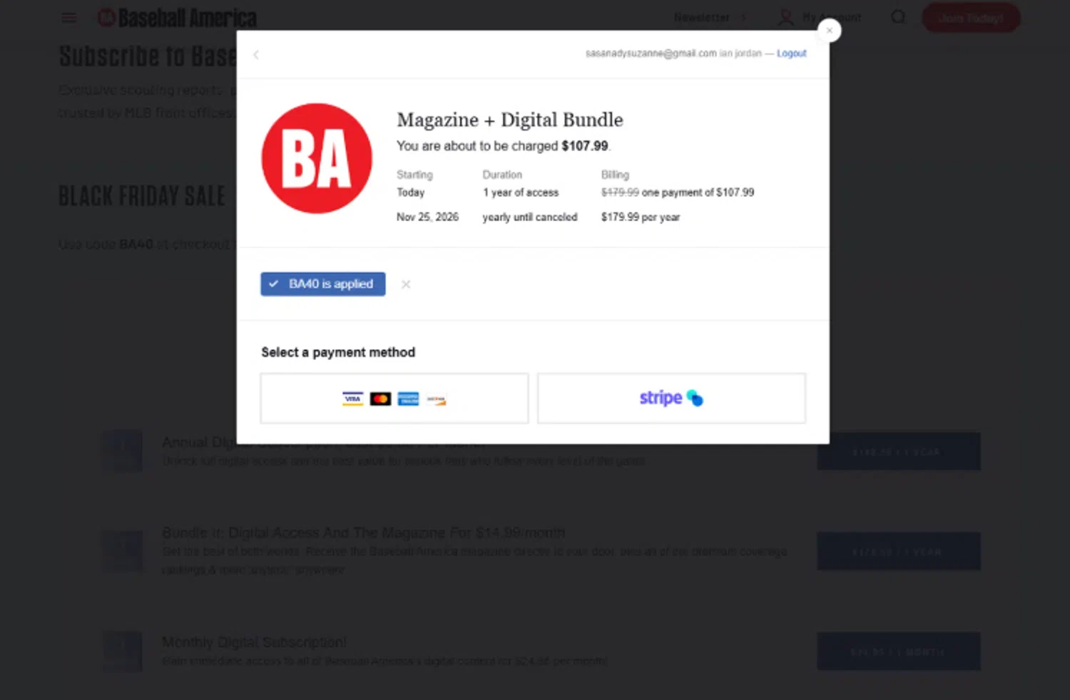 Baseball America checkout page showing Baseball America promo code box | Screenshot taken by SimplyCodes community member on Dec 12, 2025