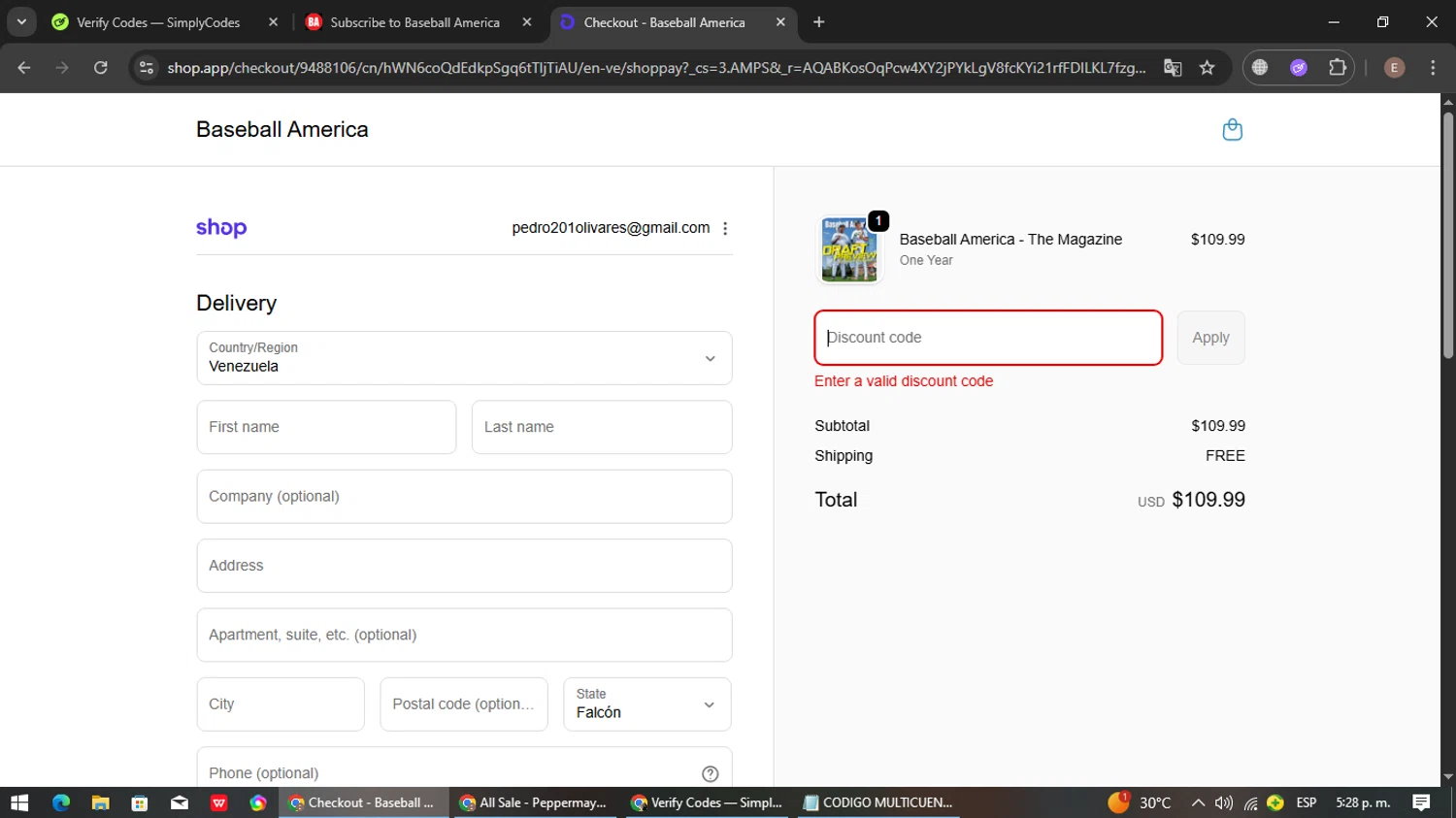 Baseball America promo code screenshot showing code BA40 applied at Baseball America checkout page. Uploaded by SimplyCodes community member gleykerjose on Dec 19, 2025