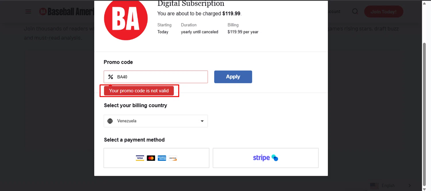 Baseball America promo code screenshot showing code BA40 applied at Baseball America checkout page. Uploaded by SimplyCodes community member noworries on Dec 19, 2025