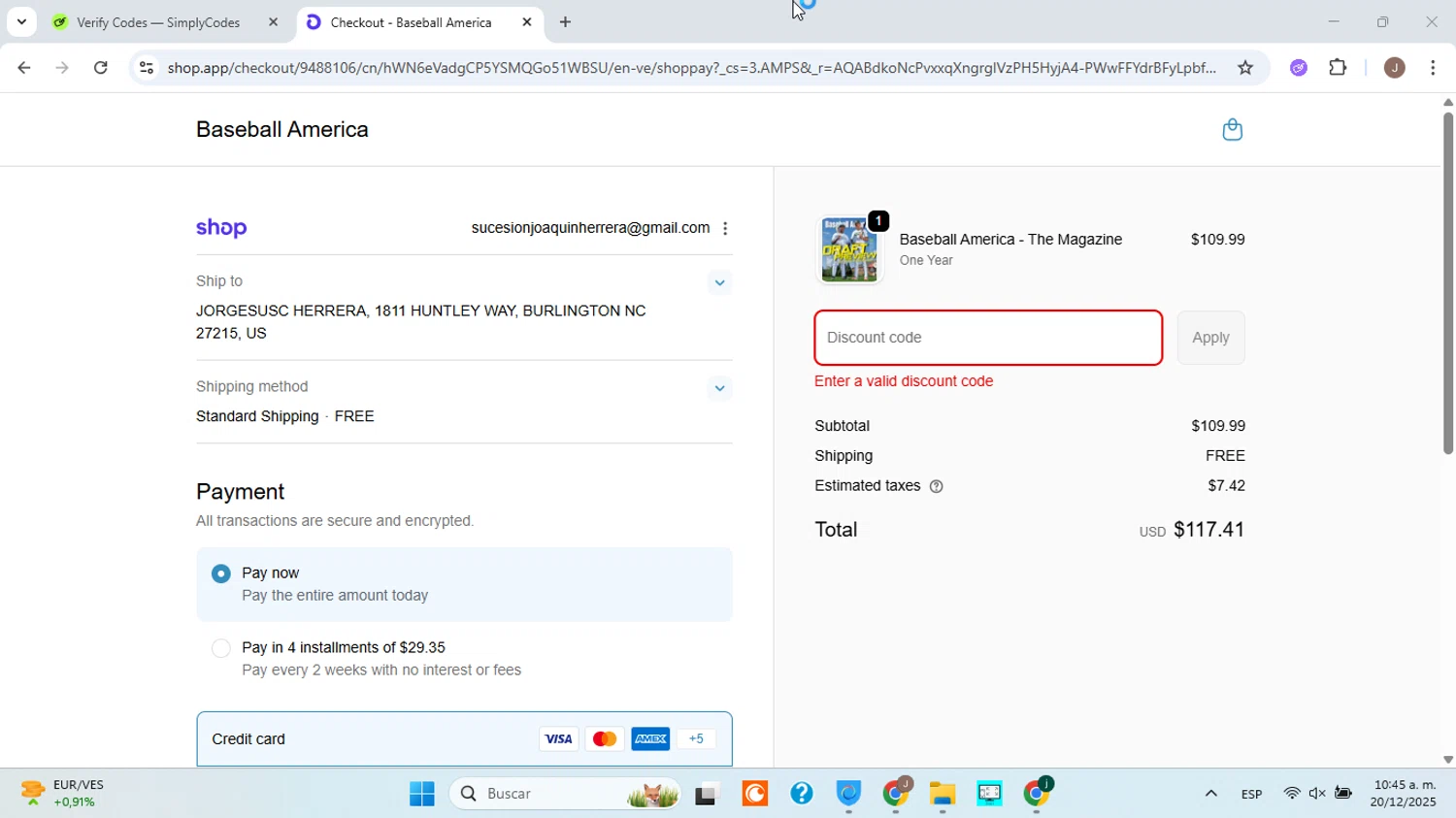 Baseball America promo code screenshot showing code CRUSHCITY30 applied at Baseball America checkout page. Uploaded by SimplyCodes community member ABHF23 on Dec 20, 2025