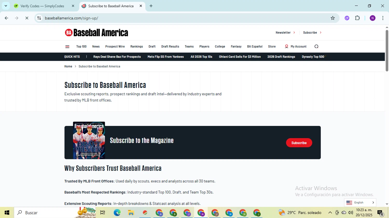 Baseball America promo code screenshot showing code CRUSHCITY30 applied at Baseball America checkout page. Uploaded by SimplyCodes community member QuestOwl9632 on Dec 20, 2025