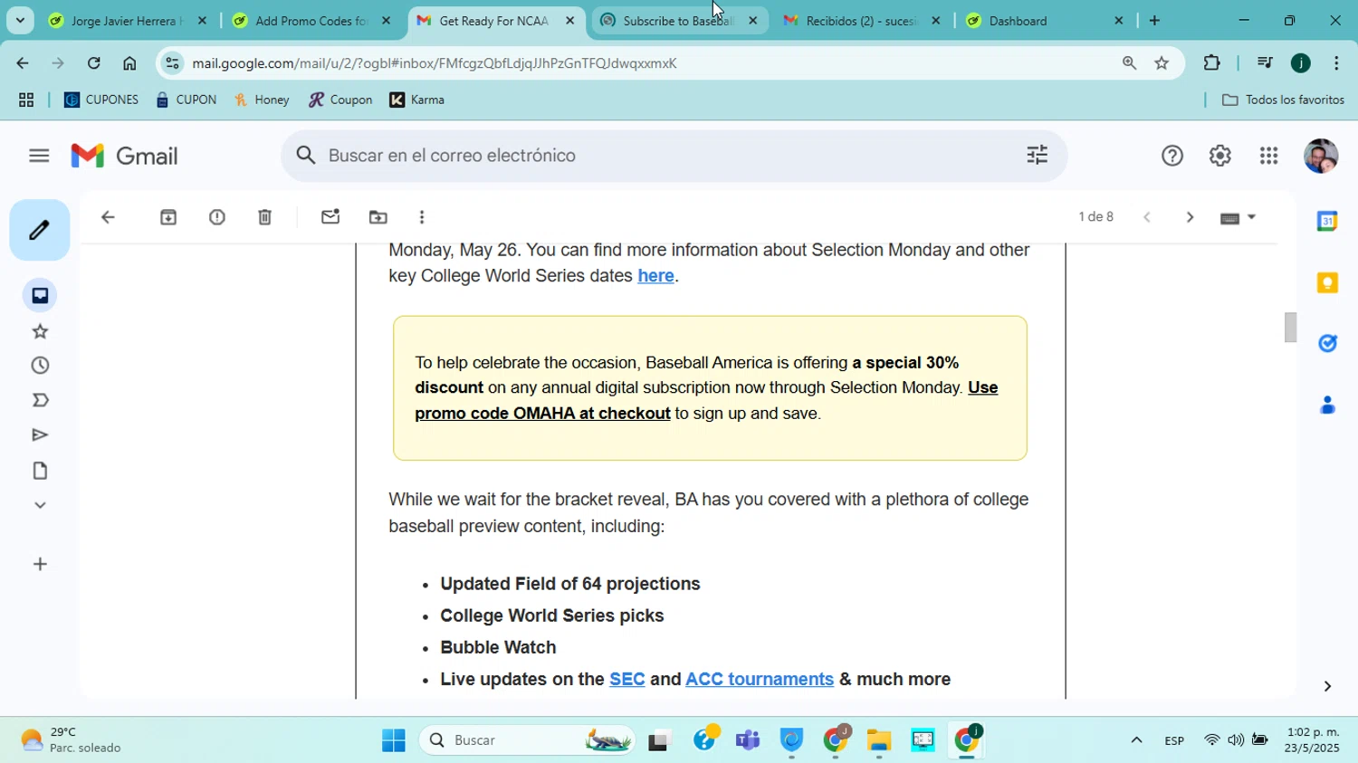 Baseball America promo code screenshot showing code OMAHA applied at Baseball America checkout page. Uploaded by SimplyCodes community member jorgejavierherrera on May 23, 2025