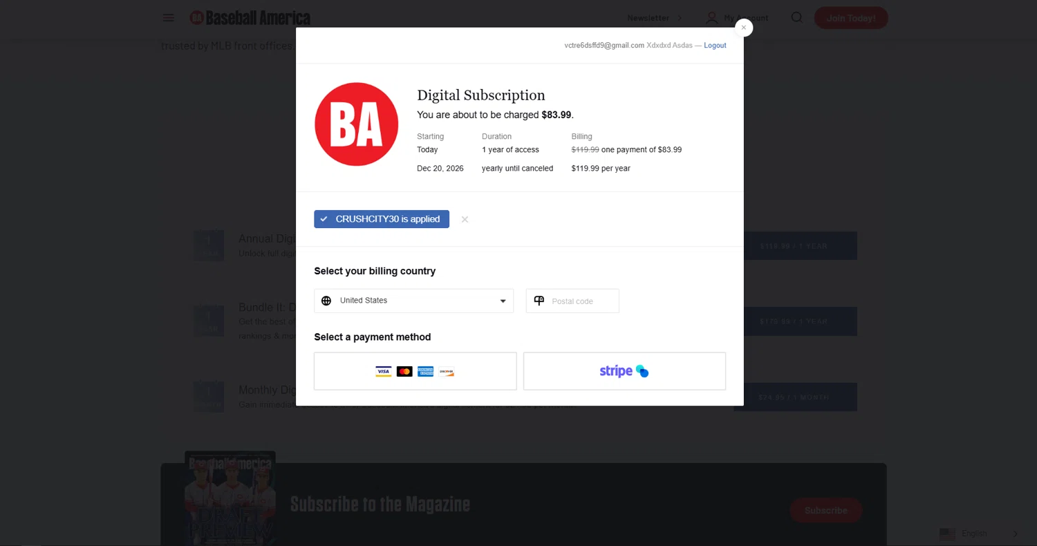 Baseball America promo code screenshot showing code CRUSHCITY30 applied at Baseball America checkout page. Uploaded by SimplyCodes community member vctr7w7x on Dec 20, 2025