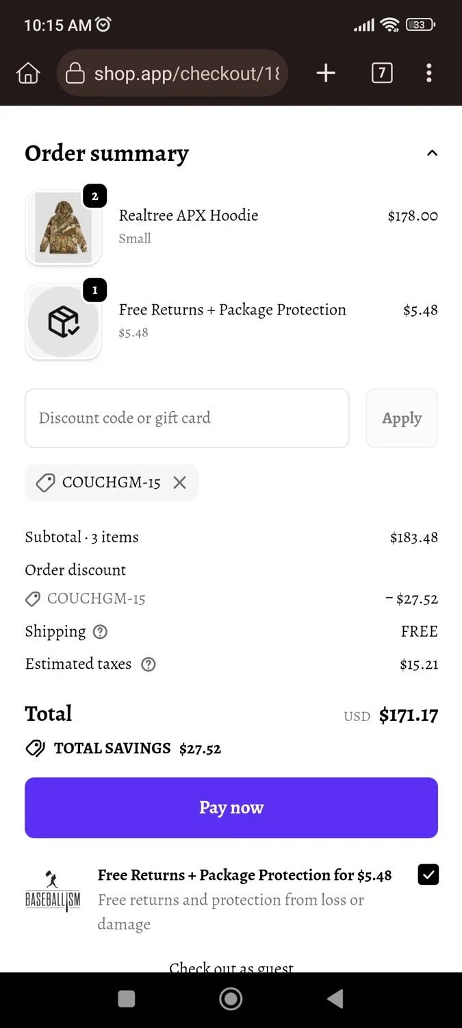 Baseballism promo code screenshot showing code COUCHGM-15 applied at Baseballism checkout page. Uploaded by SimplyCodes community member CrownLion2750 on Jan 4, 2026
