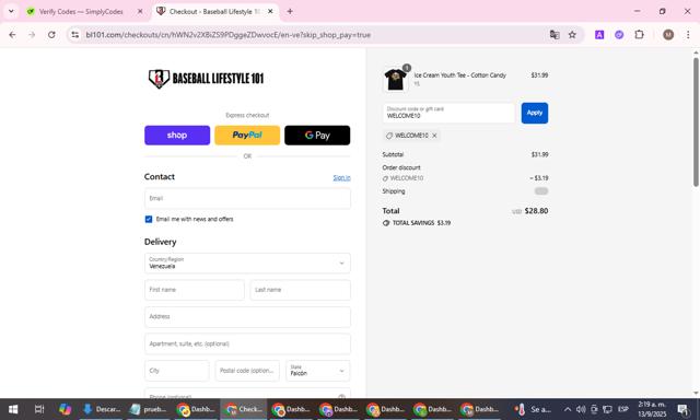 Baseball Lifestyle 101 checkout page showing Baseball Lifestyle 101 promo code box | Screenshot taken by SimplyCodes community member on Sep 13, 2025