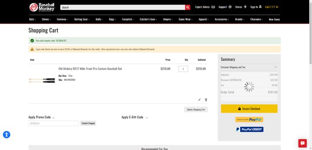 Baseball Monkey checkout page showing Baseball Monkey promo code box | Screenshot taken by SimplyCodes community member on Aug 1, 2025