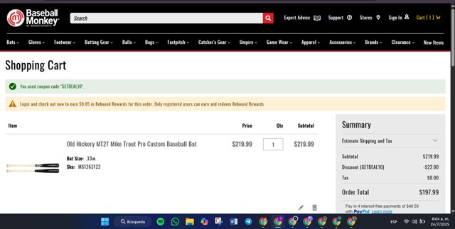 Baseball Monkey checkout page showing Baseball Monkey promo code box | Screenshot taken by SimplyCodes community member on Jul 24, 2025