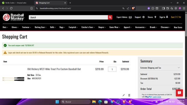 Baseball Monkey checkout page showing Baseball Monkey promo code box | Screenshot taken by SimplyCodes community member on Aug 13, 2025