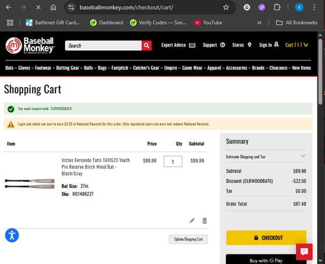 Baseball Monkey checkout page showing Baseball Monkey promo code box | Screenshot taken by SimplyCodes community member on Aug 14, 2025