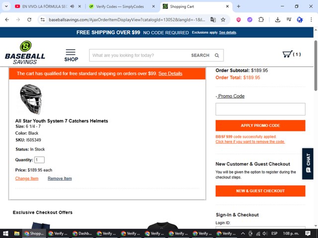 BaseballSavings checkout page showing BaseballSavings promo code box | Screenshot taken by SimplyCodes community member on Jul 16, 2025