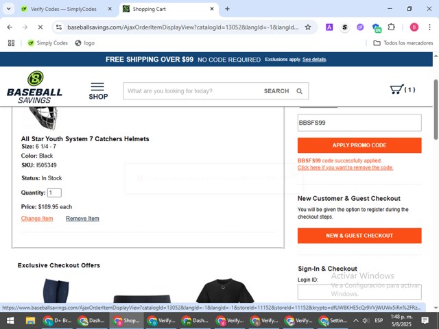 BaseballSavings checkout page showing BaseballSavings promo code box | Screenshot taken by SimplyCodes community member on Aug 5, 2025