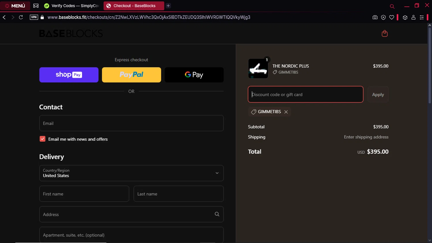 BaseBlocks discount code screenshot showing code GIMMETIBS applied at BaseBlocks checkout page. Uploaded by SimplyCodes community member Gabrielpato on Mar 15, 2025