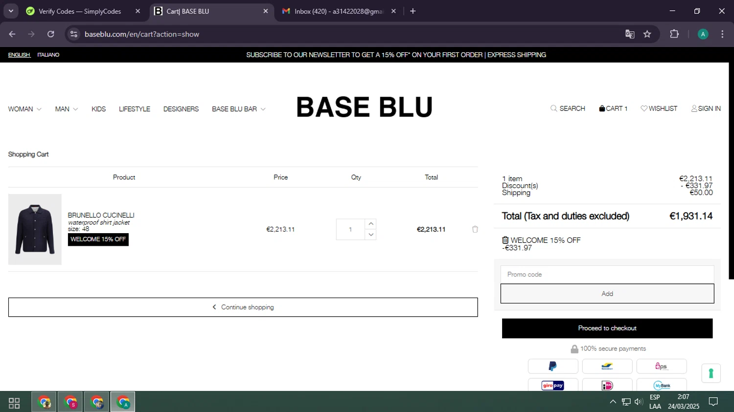 Base Blu Italy promo code screenshot showing code WELCOMEBB applied at Base Blu Italy checkout page. Uploaded by SimplyCodes community member CarlOz on Mar 24, 2025