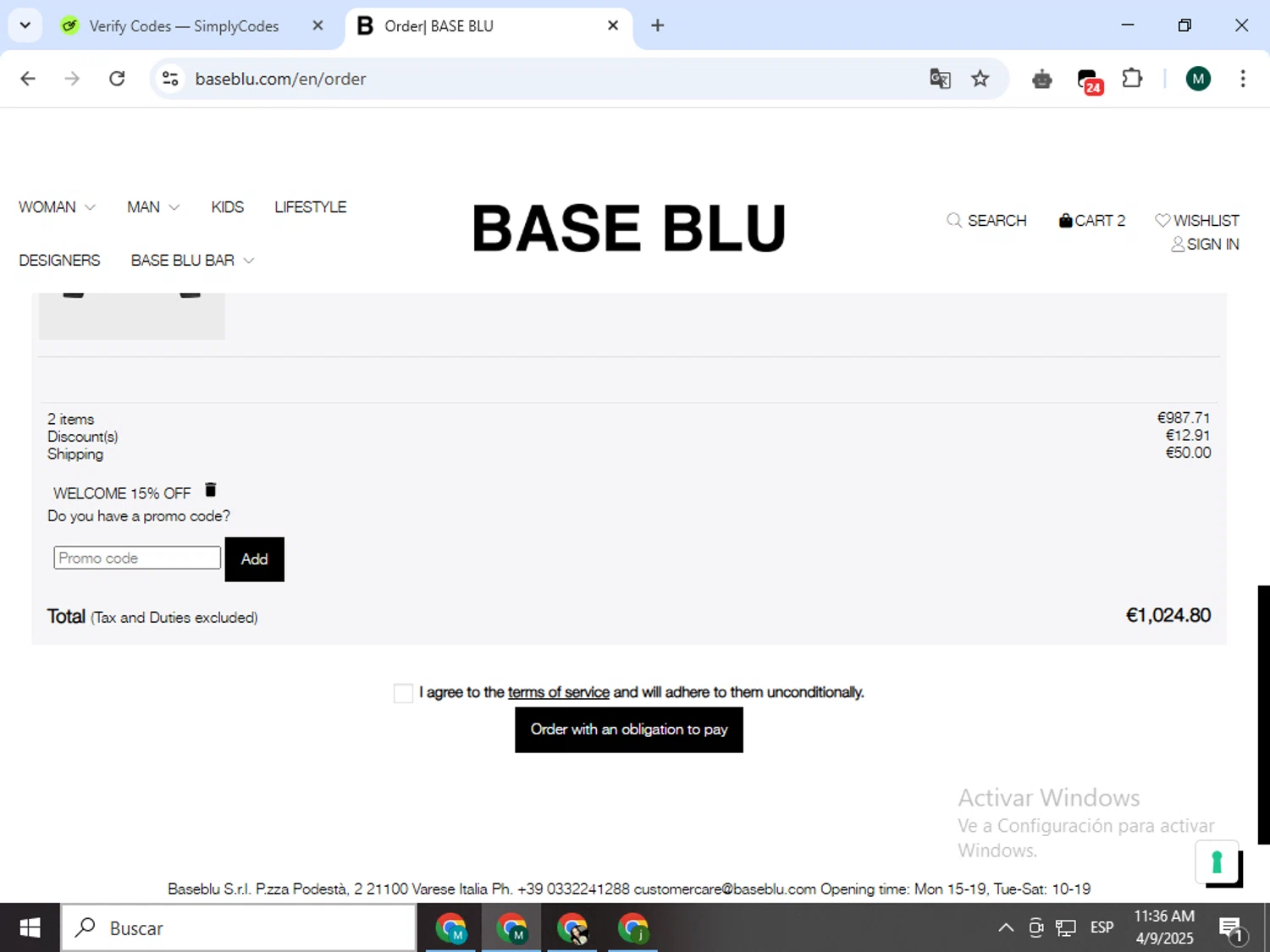 Base Blu Italy promo code screenshot showing code WELCOMEBB applied at Base Blu Italy checkout page. Uploaded by SimplyCodes community member Jorgeluisvera on Apr 9, 2025