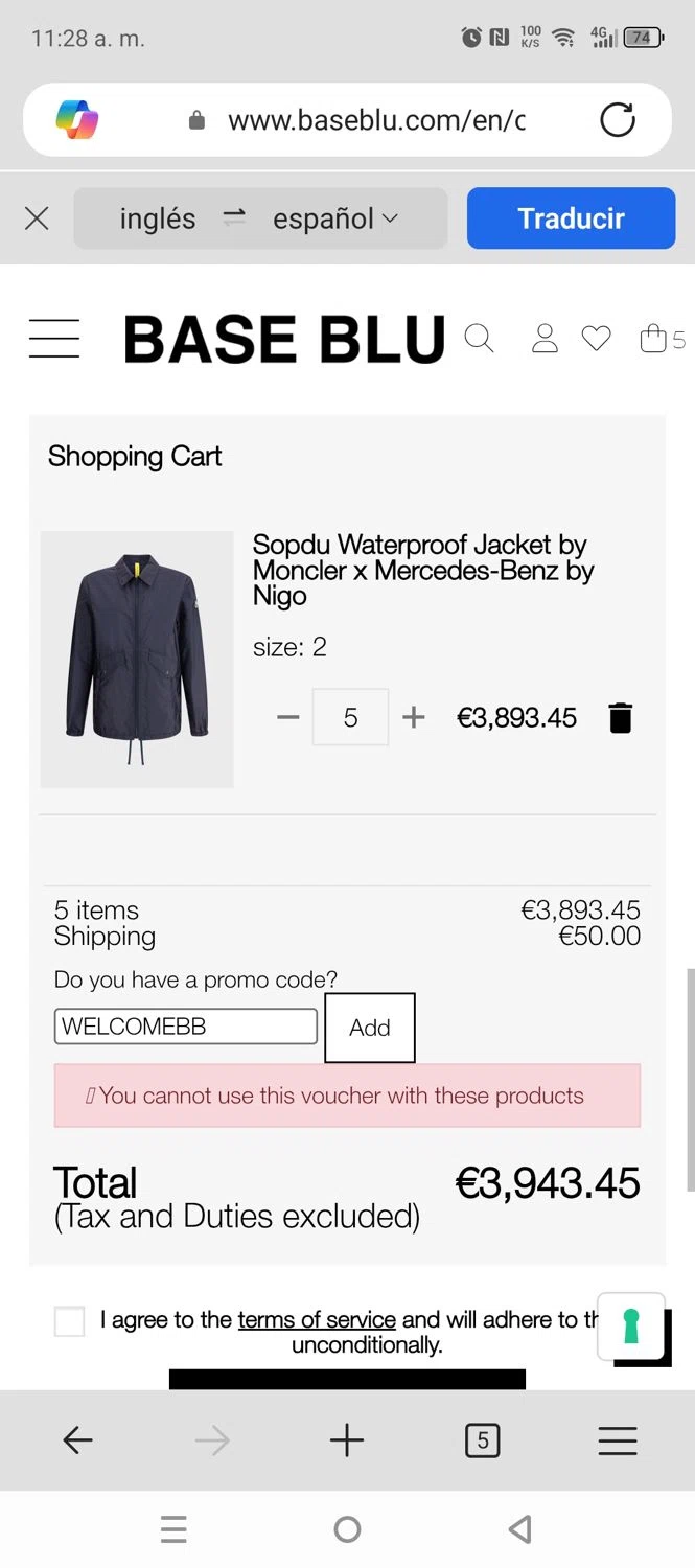 Base Blu Italy promo code screenshot showing code WELCOMEBB applied at Base Blu Italy checkout page. Uploaded by SimplyCodes community member RebatePhoenix6042 on Apr 9, 2025