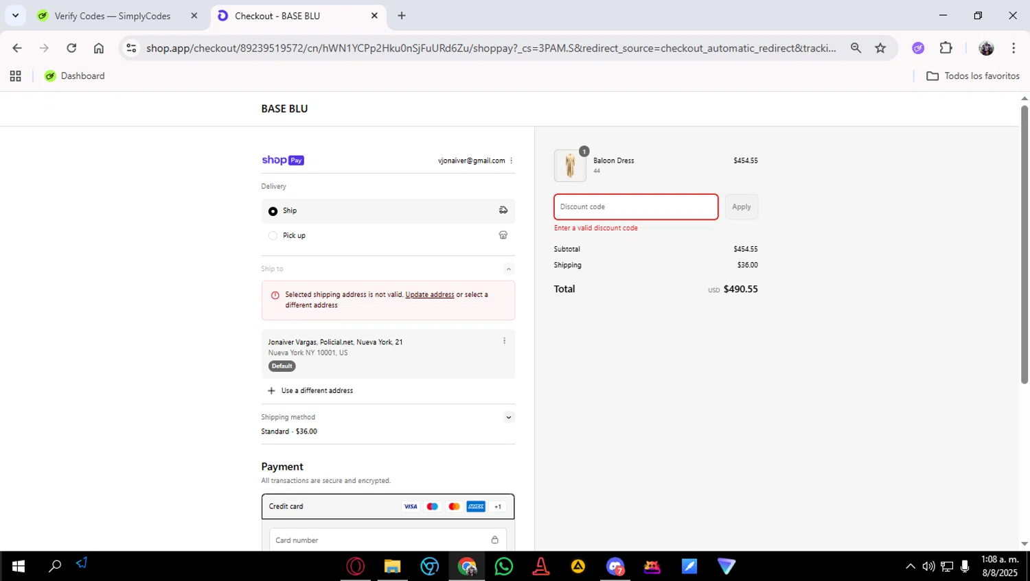 Base Blu Italy promo code screenshot showing code bbextra10 applied at Base Blu Italy checkout page. Uploaded by SimplyCodes community member LuckyAce8014 on Aug 8, 2025