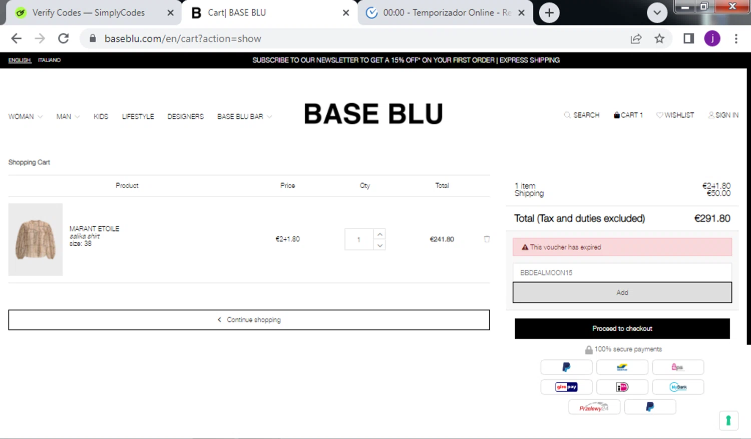 Base Blu Italy promo code screenshot showing code BBDEALMOON15 applied at Base Blu Italy checkout page. Uploaded by SimplyCodes community member QuestScholar4095 on Apr 25, 2025