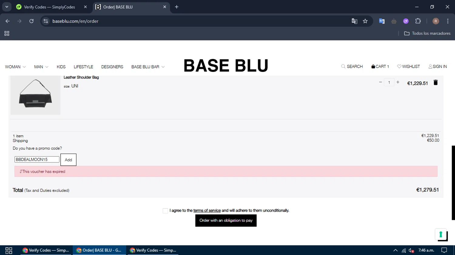 Base Blu Italy promo code screenshot showing code BBDEALMOON15 applied at Base Blu Italy checkout page. Uploaded by SimplyCodes community member denmaryguillermo on Apr 25, 2025