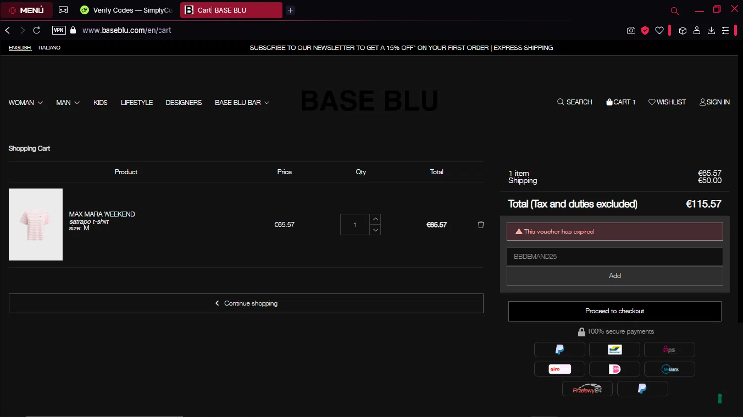 Base Blu Italy promo code screenshot showing code BBDEMAND25 applied at Base Blu Italy checkout page. Uploaded by SimplyCodes community member Kei18o on Mar 27, 2025